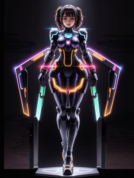 01200-4268078466-neonlight_(ttp_), A holographic device projects an image of a girl wearing a powered armor suit on the table with a pedestal, Th.png